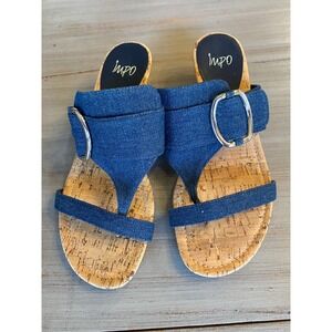 Impo Womens Denim Cork Wedge Sandals Blue Buckle Thong Slides Size 9M